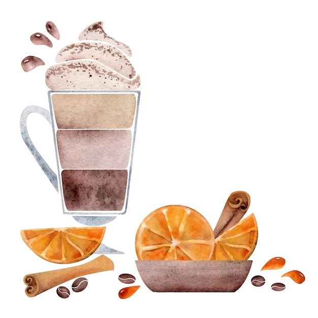 Watercolor hand drawn composition with layered latte coffee cup whipped cream orange cinnamon Isolated on white background For invitations cafe restaurant food menu print website cards