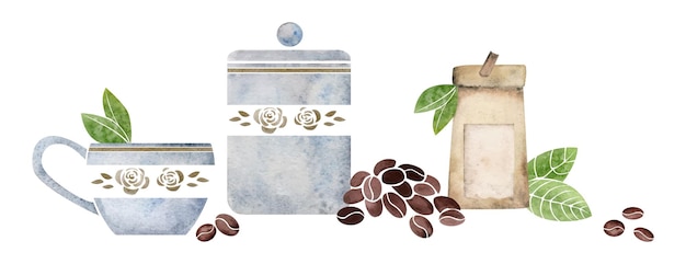 Watercolor hand drawn composition with porcelain and gold coffee cups beans jars bags leaves Isolated on white background For invitations cafe restaurant food menu print website cards