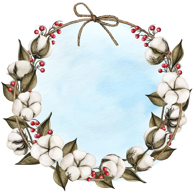 Watercolor hand drawn cotton wreath