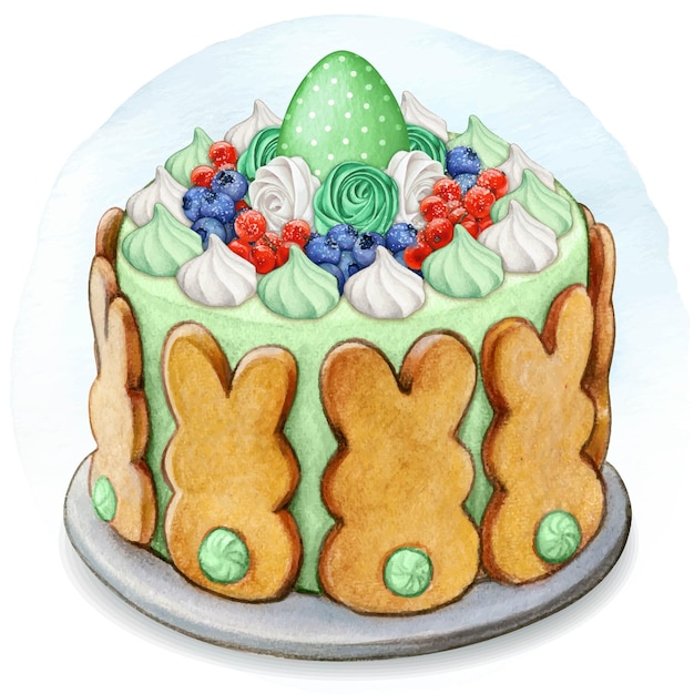 Watercolor hand drawn cute easter festive cake with fruit and bunny cookies