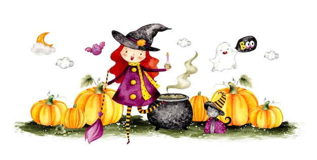 Watercolor hand drawn cute witch halloween costume banner