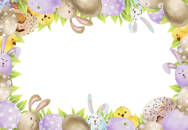 Watercolor hand drawn Easter celebration clipart Border frame with eggs leaves bunnies chicken kulich bread Isolated on white background For invitations gifts greeting cards print textile