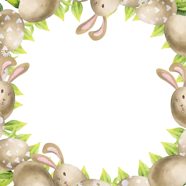 Watercolor hand drawn Easter celebration clipart Circle wreath with eggs bunnies bows and spring leaves Isolated on white background Design for invitations gifts greeting cards print textile