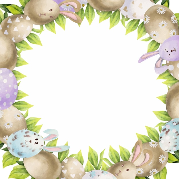 Watercolor hand drawn Easter celebration clipart Circle wreath with eggs bunnies bows and spring leaves Isolated on white background Design for invitations gifts greeting cards print textile