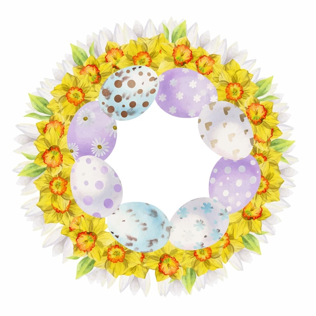 Watercolor hand drawn Easter celebration clipart Circle wreath with eggs bunnies daffodil crocus flowers leaves Isolated on white background Invitations gifts greeting cards print textile