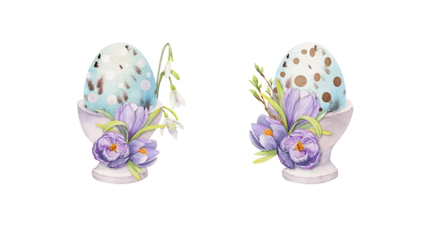 Watercolor hand drawn Easter celebration clipart Painted eggs in porcelain cups with leaves flowers pastel color Isolated on white background For invitations gifts greeting cards print textile