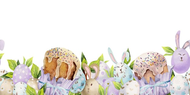 Watercolor hand drawn Easter celebration clipart Seamless border with eggs bunnies flowers leaves and kulich Isolated on white background Invitations gifts greeting cards print textile