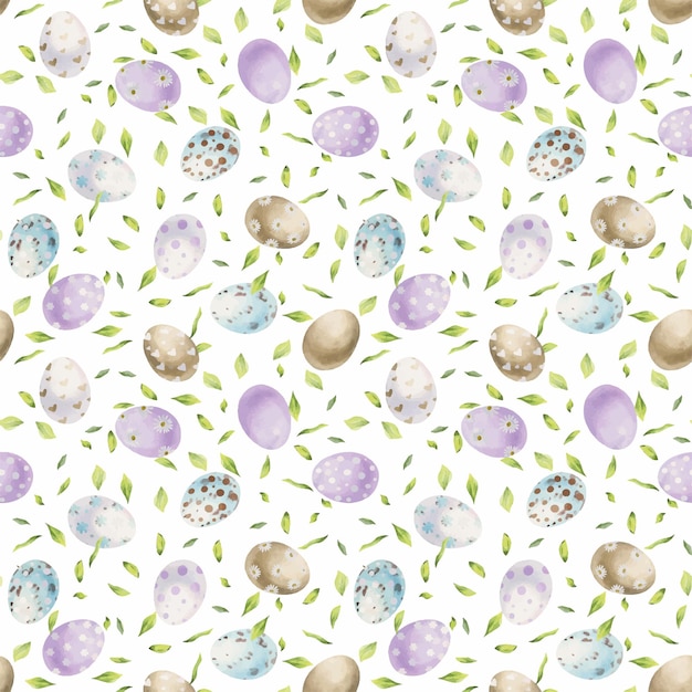 Watercolor hand drawn Easter celebration clipart Seamless pattern with painted eggs and leaves Pastel color Isolated on white background For invitations gifts greeting cards print textile