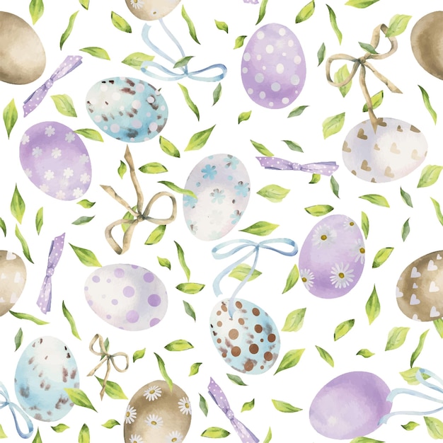 Watercolor hand drawn Easter celebration clipart Seamless pattern with painted eggs and leaves Pastel color Isolated on white background For invitations gifts greeting cards print textile