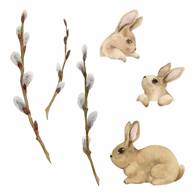 Watercolor hand drawn Easter celebration clipart Set of cute bunnies with spring willow branches Pastel color Isolated on white background For invitations gifts greeting cards print textile