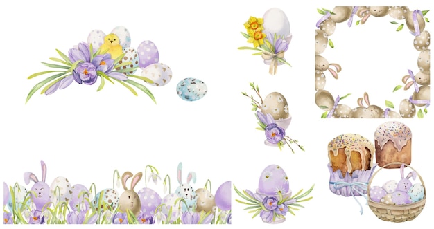 Watercolor hand drawn Easter celebration clipart Set of frames