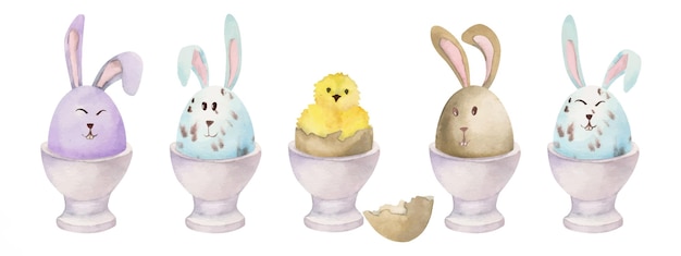 Watercolor hand drawn Easter celebration clipart Set of painted eggs bunnies in porcelain cups Pastel color Isolated on white background For invitations gifts greeting cards print textile