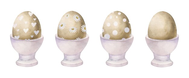 Watercolor hand drawn Easter celebration clipart Set of painted eggs in porcelain cups Pastel color Isolated on white background For invitations gifts greeting cards print textile