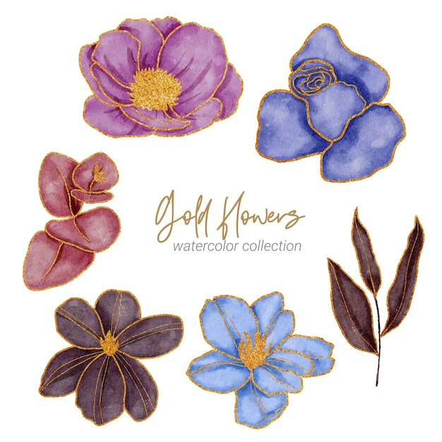 Watercolor hand drawn flowers and leaves set.