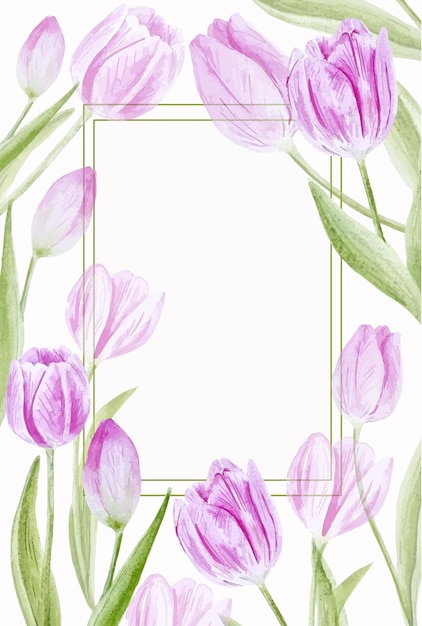 Watercolor hand drawn frame with pink tulips use for invitations, greetings spring design