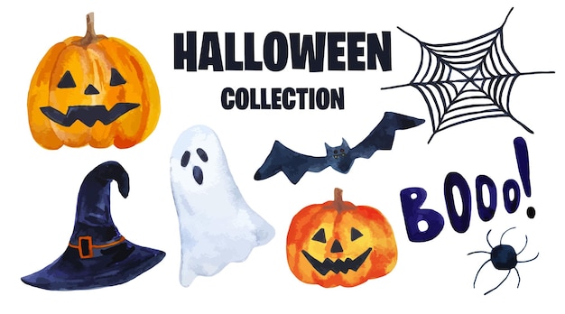 Watercolor hand drawn Halloween collection 8 elements isolated on white