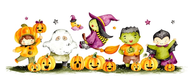 Watercolor hand drawn happy alloween character banner