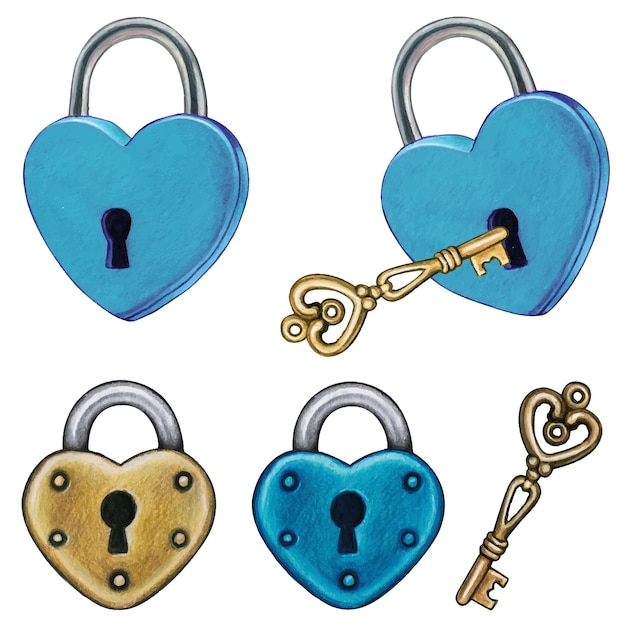 Watercolor hand drawn heart shaped locks and keys