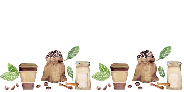 Watercolor hand drawn horizontal seamless banner with coffee cups leaves beans bags cinnamon spice Isolated on white background For invitations cafe restaurant food menu print website cards