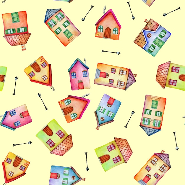 Watercolor hand drawn houses pattern illustration