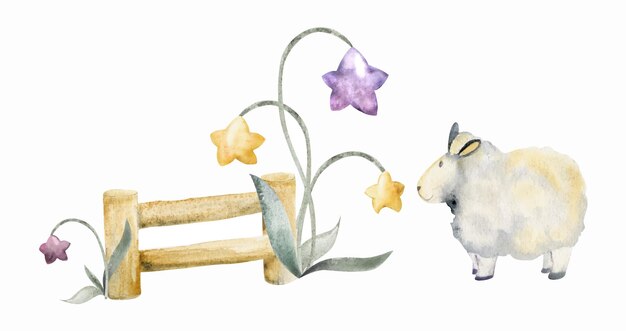 Vector watercolor hand drawn illustration cute little plush baby sheep jumping fence star flowers textured effect composition isolated on white background for kids children bedroom fabric linens print