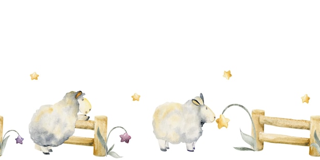 Watercolor hand drawn illustration cute plush baby sheep jumping over fence with magical star flowers Seamless border Isolated on white background For kids children bedroom fabric linens print