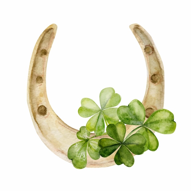 Watercolor hand drawn illustration Saint Patrick holiday Green lucky clover shamrock leaves gold horseshoe Ireland tradition Isolated on white background For invitations print website cards