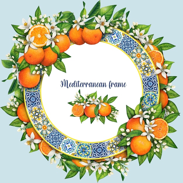 Watercolor hand drawn mediterranean frame with tiles and oranges