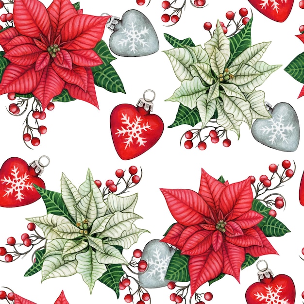 Watercolor hand drawn poinsettia christmas seamless pattern