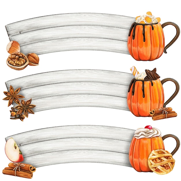 Watercolor hand drawn pumpkin spice cup banners