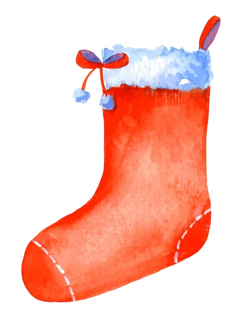 Watercolor hand drawn Red Christmas hanging Sock for gift Illustration of New Year Stocking for greeting card or icon design in cartoon style