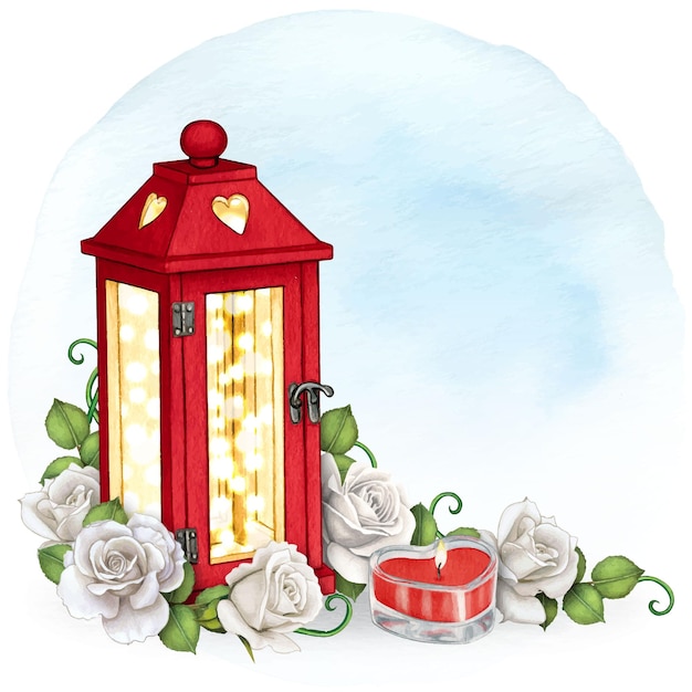 Watercolor hand drawn romantic lantern with roses