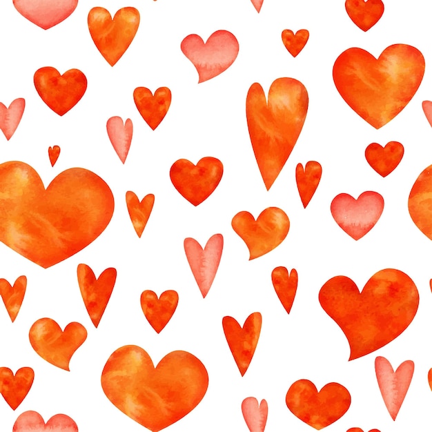 Watercolor hand drawn seamless pattern of red and orange hearts for Valentine's day Isolated on white background Design for paper love greeting cards textile print wallpaper wedding