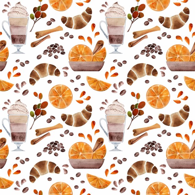 Watercolor hand drawn seamless pattern with coffee cups beans orange cinnamon croissant bags Isolated on white background For invitations cafe restaurant food menu print website cards