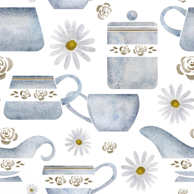 Watercolor hand drawn seamless pattern with porcelain and gold coffee cups leaves creamer jar daisy Isolated on white background Invitations cafe restaurant food menu print website cards