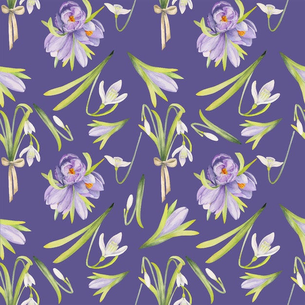 Watercolor hand drawn seamless pattern with spring flowers crocus snowdrops leaves stems Isolated on color background Design for invitations wedding greeting cards wallpaper print textile