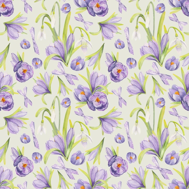 Watercolor hand drawn seamless pattern with spring flowers crocus snowdrops leaves stems Isolated on color background Design for invitations wedding greeting cards wallpaper print textile