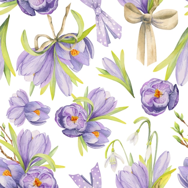 Watercolor hand drawn seamless pattern with spring flowers crocus snowdrops leaves stems Isolated on white background Design for invitations wedding greeting cards wallpaper print textile