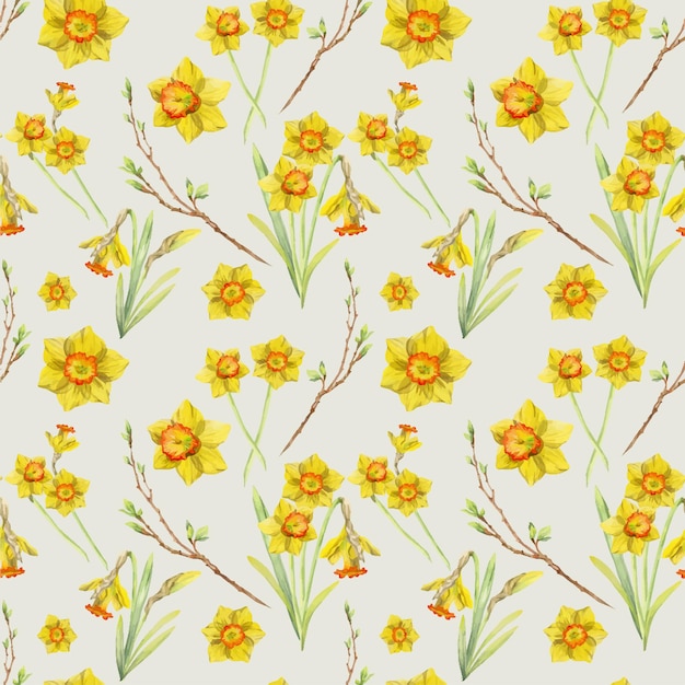 Watercolor hand drawn seamless pattern with spring flowers daffodils leaves stems branches Isolated on white background Design for invitations wedding greeting cards wallpaper print textile