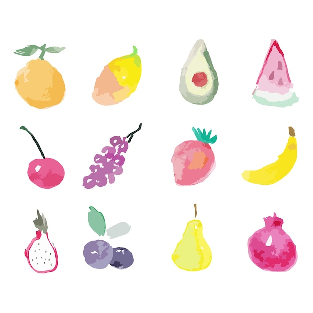 Watercolor hand drawn set of health food fruits