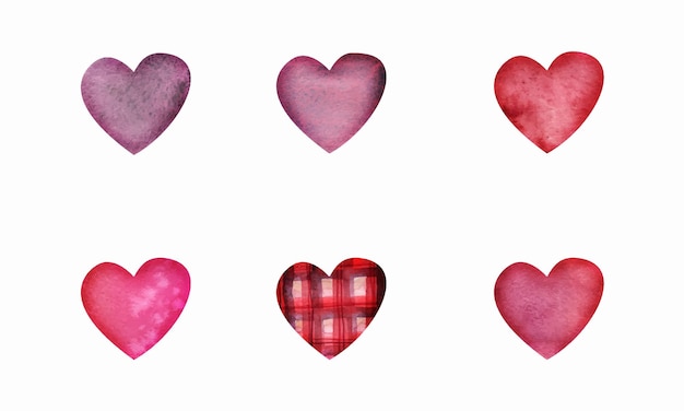 Watercolor hand drawn set of objects textured red pink and purple hearts for Valentine's day Isolated on white background Design for paper love greeting cards textile print wallpaper wedding