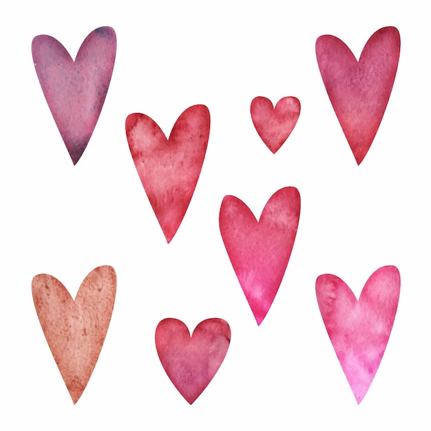 Watercolor hand drawn set of objects textured red pink and purple hearts for Valentine's day Isolated on white background Design for paper love greeting cards textile print wallpaper wedding