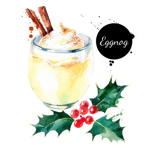 Vector watercolor hand drawn sketch christmas cocktail eggnog with cinnamon and holly berries vector isolated illustration on white background