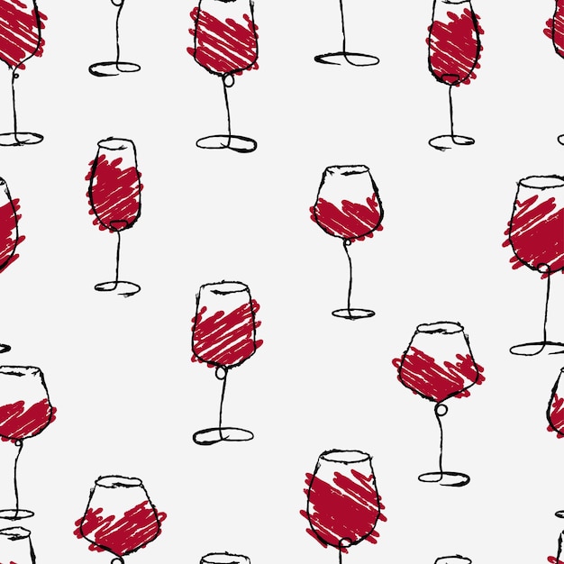 Watercolor hand drawn sketch of wine glasses seamless background. Grunge brush wine glass pattern