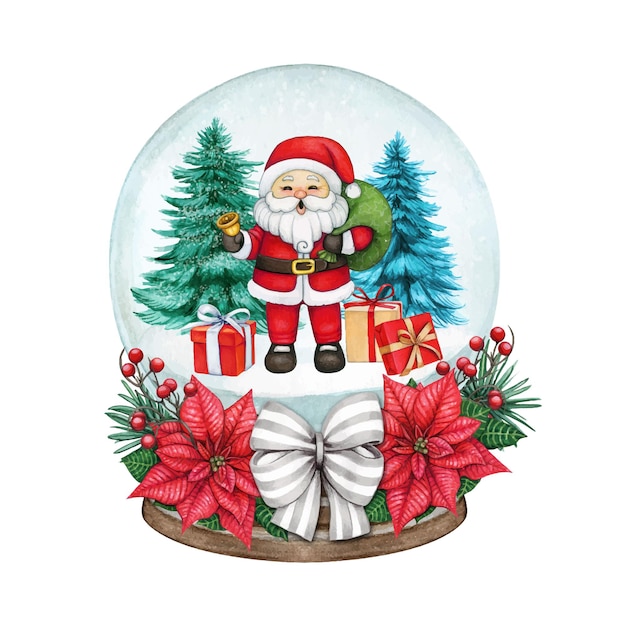 Watercolor hand drawn snow globe with cheerful santa and presents