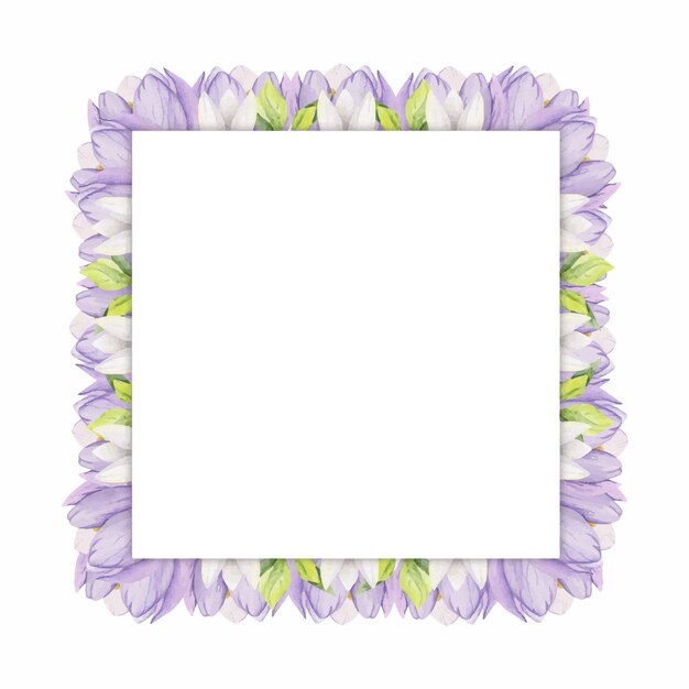 Watercolor hand drawn square frame with spring flowers crocus snowdrops branches leaves Isolated on white background Design for invitations wedding greeting cards wallpaper print textile