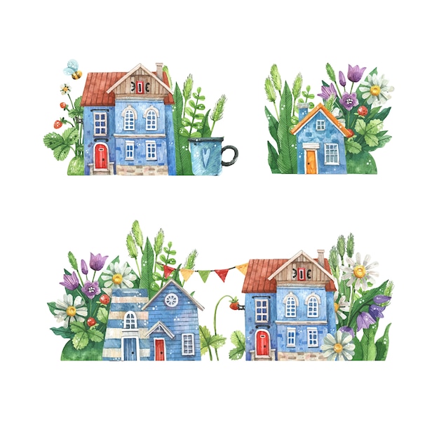 Watercolor hand-drawn streets with rural houses, summer flowers and herbs isolated on white background. Lovely colorful streets