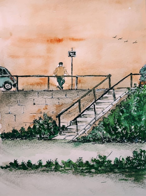 Watercolor hand-drawn summer landscape