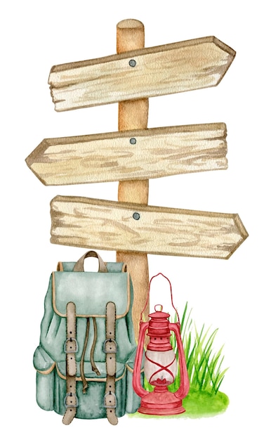 Watercolor hand drawn tourist illustration Wooden road sing grass bush backpack kerosene lamp clipart