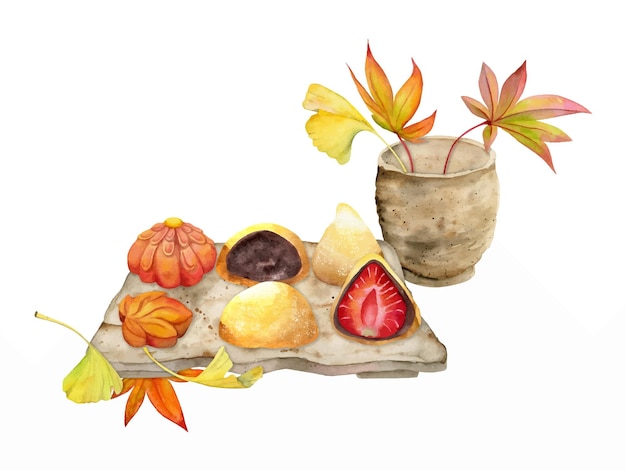 Watercolor hand drawn traditional Japanese sweets Autumn wagashi with leaves matcha tea Isolated on white background Design for invitations restaurant menu greeting cards print textile